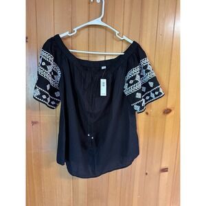 Old Navy Womens Black Embroidered Off Shoulder Peasant Blouse Tassel Top M Flaw